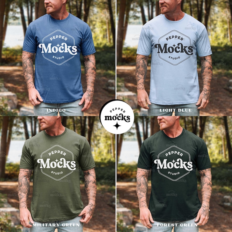 May include: Four short-sleeved t-shirts in indigo, light blue, military green, and forest green. Each shirt features a white hexagonal logo with the text "PEPPER Mocks STUDIO". The shirts are displayed on a person.