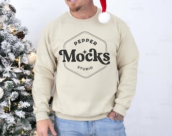 Sand Crewneck Sweatshirt Mockup | Gildan 18000, Male Model (Digital Download)