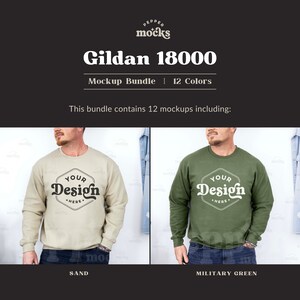 May include: Two men wearing a sand colored and a military green Gildan 18000 sweatshirt mockup. The sweatshirts feature a hexagon with the text "YOUR DESIGN HERE" inside.