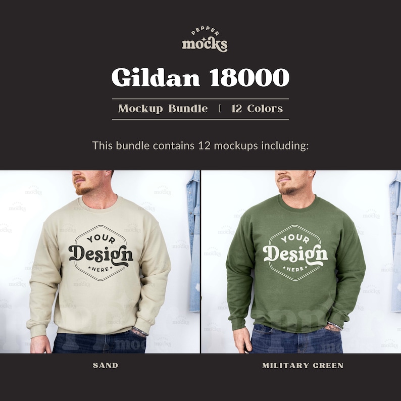 May include: Two men wearing a sand colored and a military green Gildan 18000 sweatshirt mockup. The sweatshirts feature a hexagon with the text "YOUR DESIGN HERE" inside.