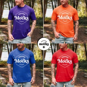 May include: A collection of t-shirts in various colors: purple, orange, royal blue, and red. Each shirt features the text "PEPPER Mocks STUDIO" in a white, hexagonal design. The shirts are short-sleeved and appear to be made of a soft material.