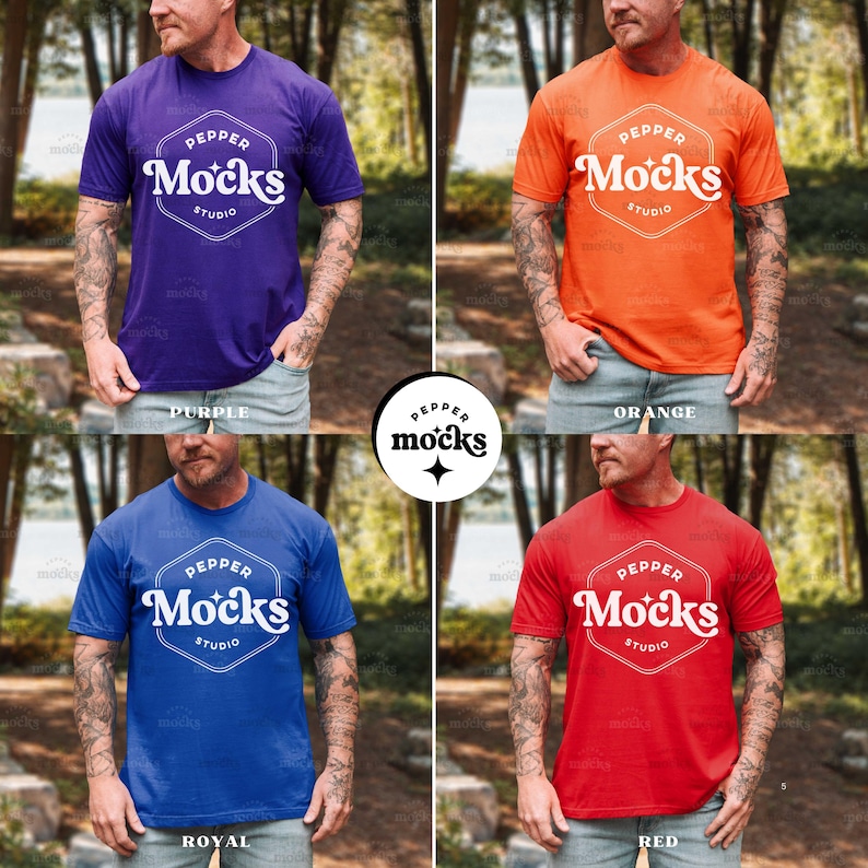 May include: A collection of t-shirts in various colors: purple, orange, royal blue, and red. Each shirt features the text "PEPPER Mocks STUDIO" in a white, hexagonal design. The shirts are short-sleeved and appear to be made of a soft material.