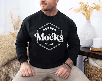 Gildan 18000 Black Crewneck Sweatshirt Mockup | G180 Mens Sweater Mock-up | Real Male Model Mock | Aesthetic Casual Basic Fall Photograph