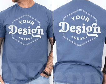 Gildan 64000 Indigo Blue T-Shirt Mockup | Mens G640 Tshirt Mock-up | Real Human Model Mock | Casual Simple Mock | Mens Blue 64000 Split View