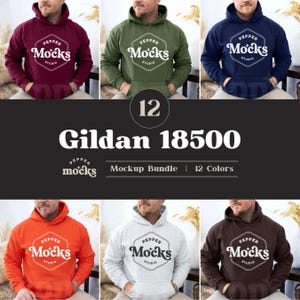 Op de afbeelding: Een mockup-bundel van 12 Gildan 18500 hoodies in verschillende kleuren. De hoodies hebben een wit logo met de tekst "PEPPER MOCKS STUDIO".