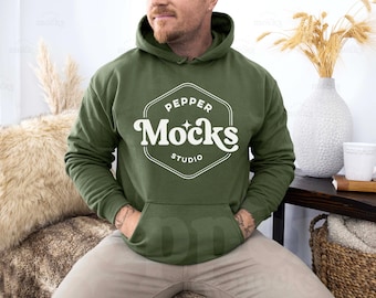 Gildan 18500 Military Green Hooded Sweatshirt Mockup | G185 Mens Hoodie Mock-up | Real Male Model Mock | Casual Basic Fall Styled Photograph