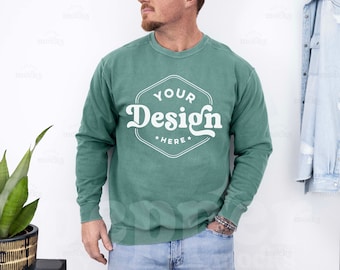 Comfort Colors C1566 Light Green Sweatshirt Mockup | 1566 Mens Green Mock-up | Real Model Mock | Simple Aesthetic Mens Comfort Colors 1566