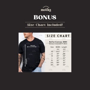 May include: Size chart for Bella + Canvas 3001 unisex crewneck t-shirt. The chart shows the width and length in inches for sizes XS to 3XL.