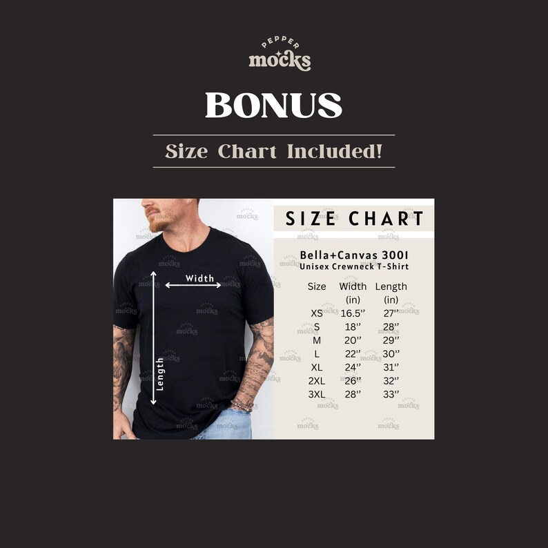 May include: Size chart for Bella + Canvas 3001 unisex crewneck t-shirt. The chart shows the width and length in inches for sizes XS to 3XL.
