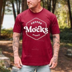 Gildan 64000 Cardianl Red T-Shirt Mockup | Mens G640 Tshirt Mock-up | Real Model Mock | Mens Aesthetic Outdoors Mock | Nature Summer Fall