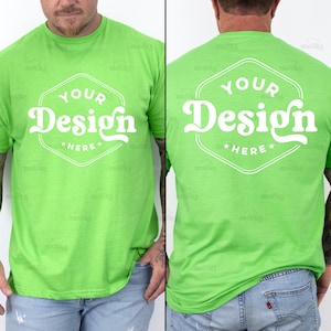 May include: A lime green t-shirt with a white hexagonal design that says "YOUR Design HERE" on the front and back.