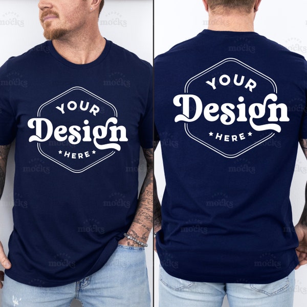Bella Canvas 3001 Navy Front and Back View Tshirt Mockup | 3001 Mens Blue T-shirt Mock-up | Real Model Mock | Simple Aesthetic Split View