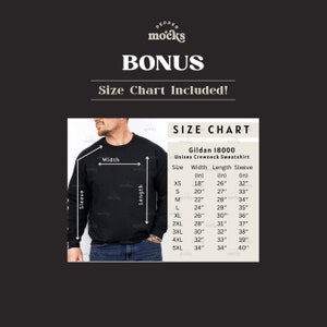 May include: Size chart for a Gildan 18000 unisex crewneck sweatshirt. The chart shows the width, length, and sleeve length in inches for sizes XS to 5XL.