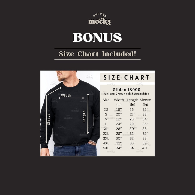 May include: Size chart for a Gildan 18000 unisex crewneck sweatshirt. The chart shows the width, length, and sleeve length in inches for sizes XS to 5XL.