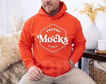 Orange Gildan 18500 Hoodie Mockup | Mens Sweatshirt, Fall Styled (Digital Download)