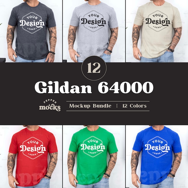 Gildan 64000 T-Shirt Mockup Bundle | Male G640 Tshirt Mock-up Bundle | Real Human Model Mockup | Mens Basic Simple Gildan 64000 Shirt Mock