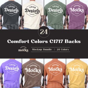 以下が含まれることがあります： 「Your Design Here」と「Pepper Mocks Studio」のテキストが背面に書かれた、24色の異なるTシャツのモックアップバンドルです。
