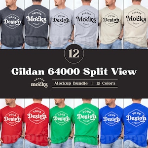 Op de afbeelding: Een mockup-pakket met 12 verschillende t-shirts in verschillende kleuren, met een gesplitste weergave van de voor- en achterkant van elk shirt. De shirts zijn allemaal Gildan 64000 en hebben de tekst "Your Design Here" op de voorkant en "Pepper Mocks Studio" op de achterkant.