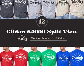 Gildan 64000 Tシャツ モックアップ バンドル | 分割ビュー、12色（デジタルダウンロード）