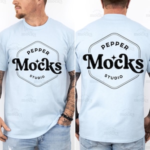 Gildan 5000 Light Blue T-Shirt Split View Mockup | Male G500 Tshirt Mock-up | Real Human Model Mock | Casual Simple Mock | Mens Blue 5000