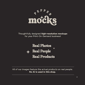 May include: Dark gray graphic with the text "PEPPER mocks" in a stylized font. Below, it reads "Thoughtfully designed high-resolution mockups for your Print-On-Demand business!" and "Real Photos, Real People, Real Products."