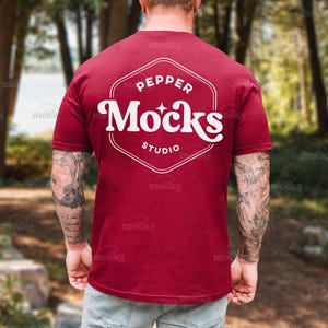 Gildan 64000 Cardinal Red Back View T-Shirt Mockup | Mens G640 Tshirt Mock-up | Real Model Mock | Male Aesthetic Nature Outdoor | Lifestyle