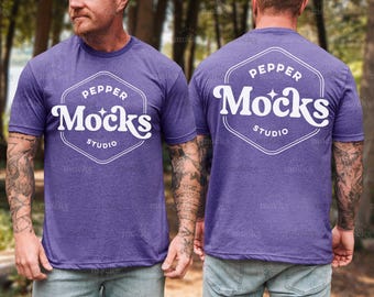 Mockup Gildan 64000 gemêleerd paars T-shirt | Voor- en achterkant heren (digitale download)