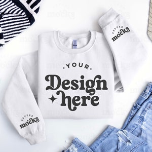 White Gildan 18000 Sweatshirt Mockup | Crewneck Flatlay (Digital Download)