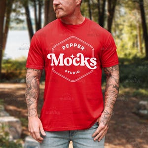 Gildan 64000 Red T-Shirt Mockup | Mens G640 Tshirt Mock-up | Real Model Mock | Mens Aesthetic Outdoors Lifestyle Mock | Summer Fall Nature