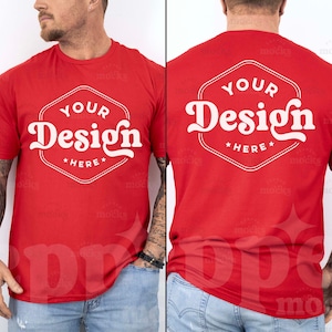 Gildan 64000 Red T-Shirt Mockup | Male G640 Tshirt Mock-up | Real Human Model Mock | Casual Simple Mock | Mens Red Gildan 64000 Split View