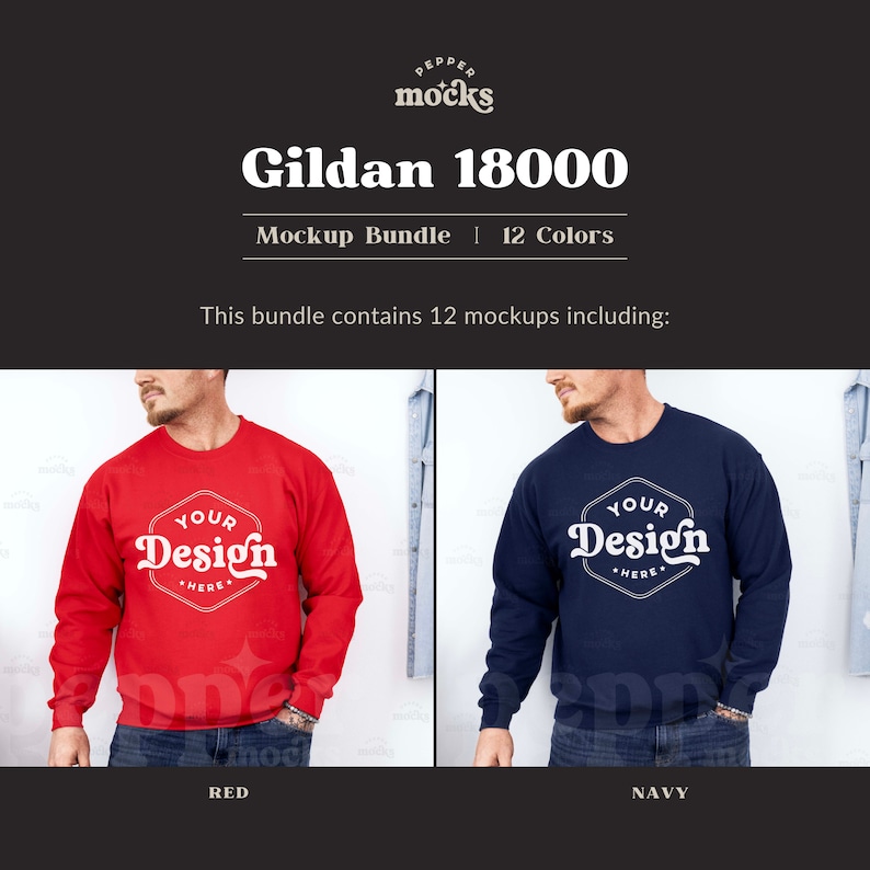 May include: Mockup of a red and a navy blue Gildan 18000 sweatshirt with the text "YOUR DESIGN HERE" in a white hexagon on the front.