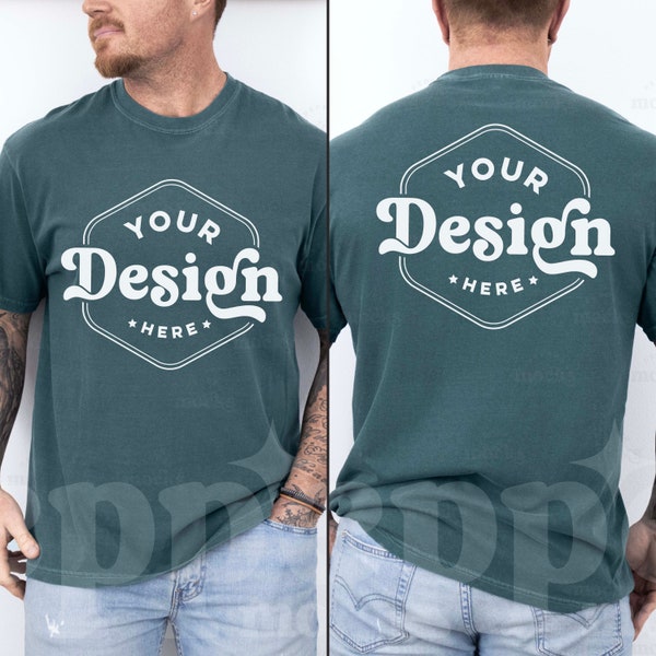 Comfort Colors C1717 Blue Spruce Tshirt Split View Mockup | 1717 Mens Green T-shirt Mock-up | Real Model Mock | Simple Aesthetic Front Back