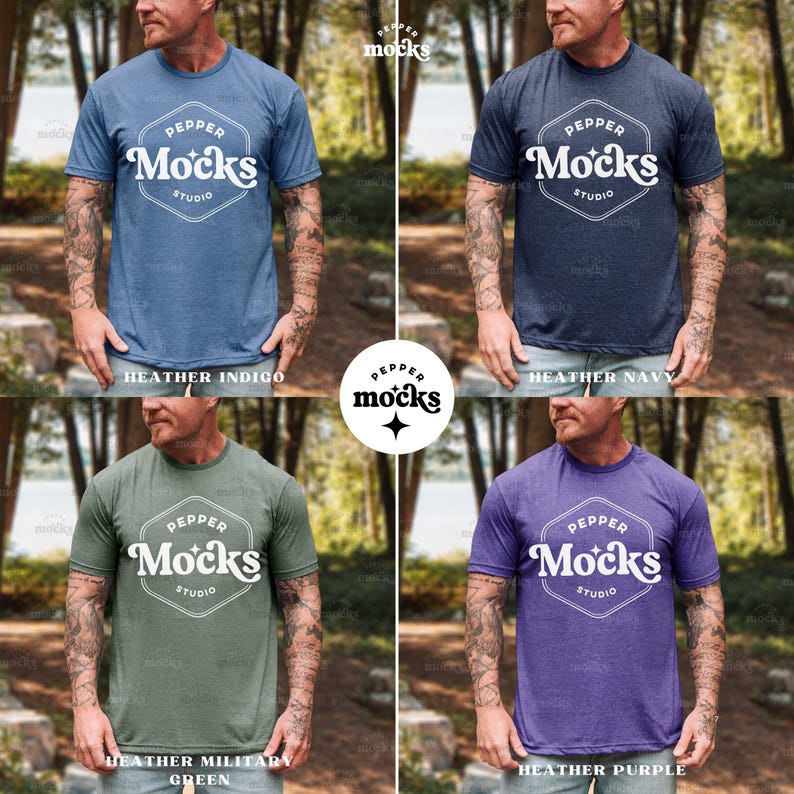 May include: Four heathered t-shirts in indigo, navy, military green, and purple. Each shirt features a white logo with the text "Pepper Mocks Studio" inside a hexagon. The shirts are short-sleeved and displayed on a person.