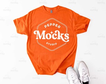 Gildan 5000 Orange T-Shirt Mockup | Mens Flat Lay (Digital Download)