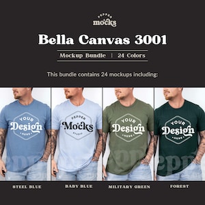 May include: Four men's t-shirts in different colors: steel blue, baby blue, military green, and forest green. Each shirt has a different design on the front, including the words "Your Design Here", "Pepper Mocks Studio", and "Pepper Mocks".
