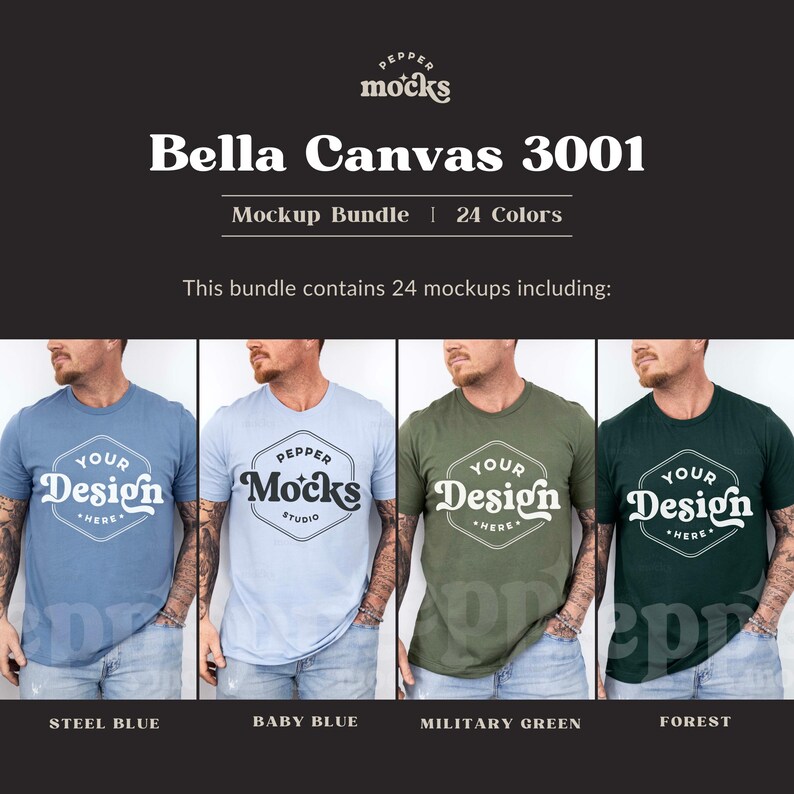 May include: Four men's t-shirts in different colors: steel blue, baby blue, military green, and forest green. Each shirt has a different design on the front, including the words "Your Design Here", "Pepper Mocks Studio", and "Pepper Mocks".