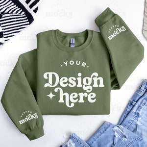 Gildan 18000 Military Green Sweatshirt Mockup | Sleeve Flatlay (Digital Download)