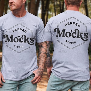 Gildan 64000 Sport Grey Front Back View T-Shirt Mockup | Mens G640 Tshirt Mock-up | Real Model Mock | Male Aesthetic Nature Outdoors Split