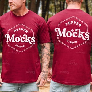 Gildan 64000 Cardinal Red Split T-Shirt Mockup | Mens G640 Tshirt Mock-up | Real Model Mock | Male Aesthetic Nature Outdoors | Front Back