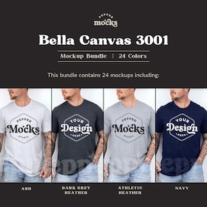 May include: Four men wearing different colored t-shirts with the text "Pepper Mocks Studio" and "Your Design Here" printed on them. The t-shirts are in the colors ash, dark grey heather, athletic heather, and navy.