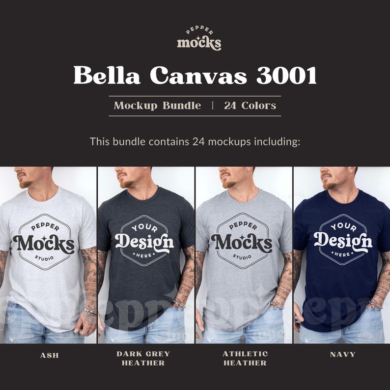 May include: Four men wearing different colored t-shirts with the text "Pepper Mocks Studio" and "Your Design Here" printed on them. The t-shirts are in the colors ash, dark grey heather, athletic heather, and navy.