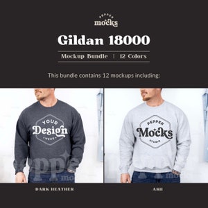 May include: Two Gildan 18000 sweatshirts, one dark heather grey and one ash grey, with a mock-up design on each. The dark heather grey sweatshirt has the text "YOUR Design HERE" in a white hexagon. The ash grey sweatshirt has the text "PEPPER Mocks STUDIO" in a black hexagon.