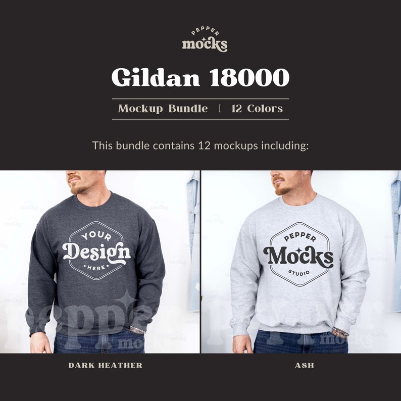 May include: Two Gildan 18000 sweatshirts, one dark heather grey and one ash grey, with a mock-up design on each. The dark heather grey sweatshirt has the text "YOUR Design HERE" in a white hexagon. The ash grey sweatshirt has the text "PEPPER Mocks STUDIO" in a black hexagon.