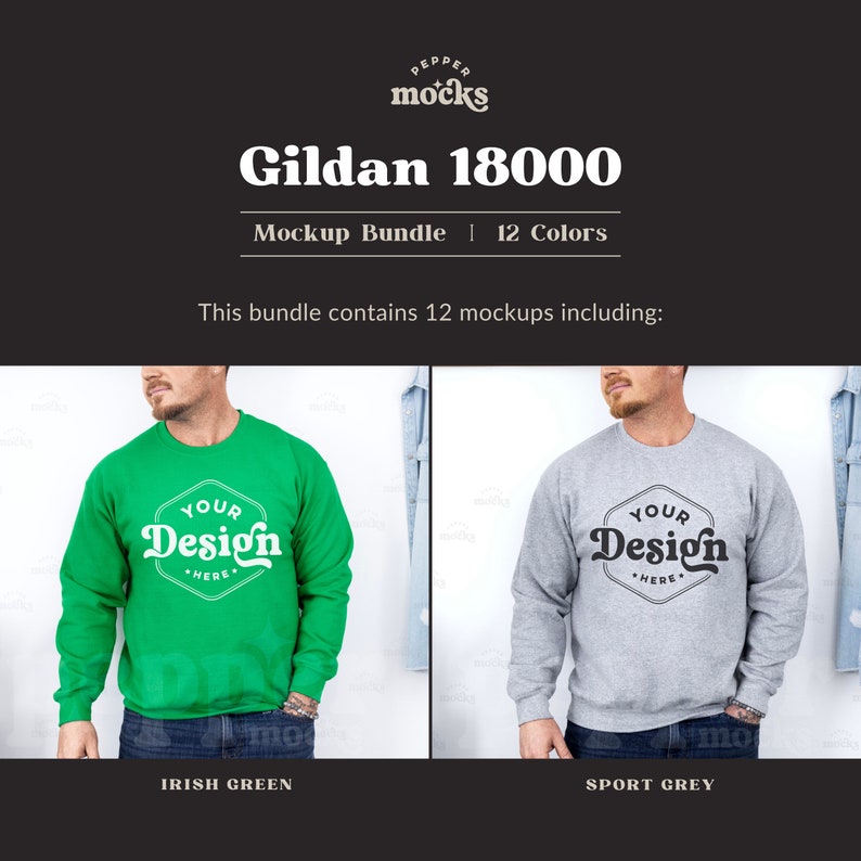 May include: Mockup of a Gildan 18000 sweatshirt in Irish Green and Sport Grey. The sweatshirt has a crew neck and long sleeves. The text "YOUR DESIGN HERE" is printed on the front of the sweatshirt.