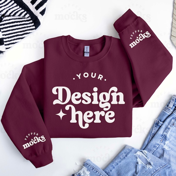 Gildan 18000 Maroon Sweatshirt Mockup | G180 Sleeve Mockup | Flatlay Sleeve | Basic Neutral Simple Mock | Maroon Flat Lay Unisex Mockup