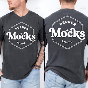 Comfort Colors C1717 Pepper-t-shirt met gesplitste weergave | Mock-up grijs T-shirt heren 1717 | Nepmodel van echt model | Eenvoudig esthetisch mannelijk voor-achter