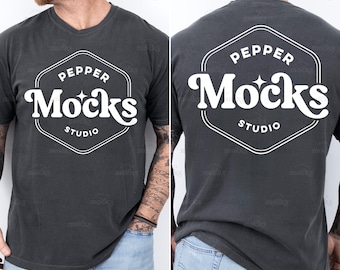Comfort Colors C1717 Pepper Tshirt Split View Mockup | 1717 Mens Grey T-shirt Mock-up | Real Model Mock | Simple Aesthetic Male Front Back