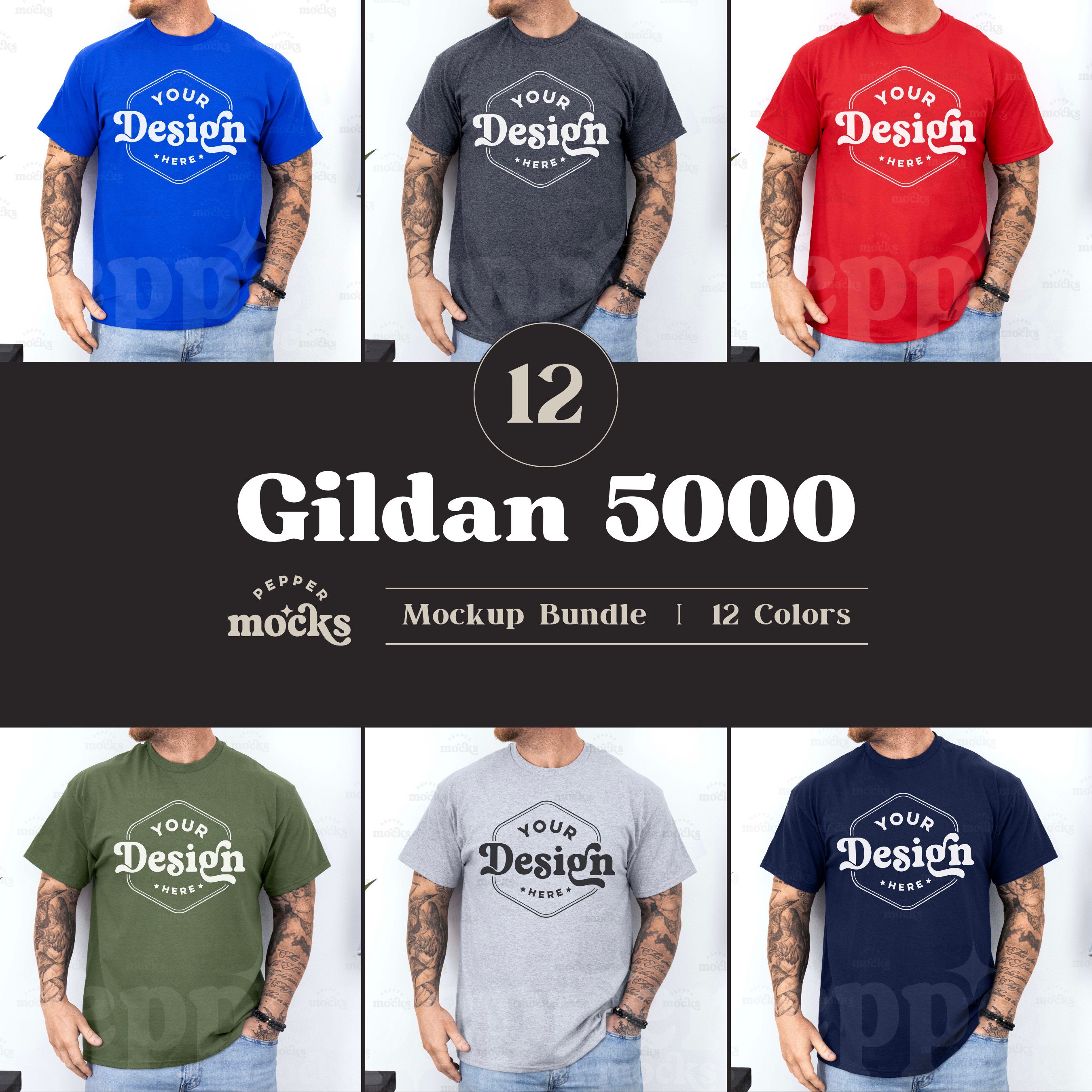 Gildan 5000 T-Shirt Mockup Bundle | Male G500 Tshirt Mock-up Bundle | Real Human Model Mockup | Mens Basic Simple Gildan 5000 Front Mockup