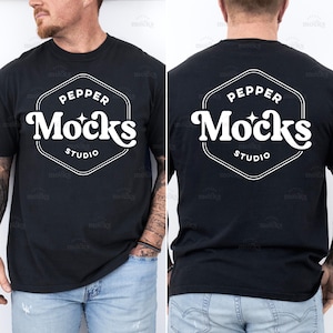 May include: A black t-shirt with a white hexagonal logo that says "Pepper Mocks Studio" in a retro font.