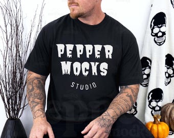 Comfort Colors C1717 Black Halloween T-Shirt Mockup | Mens Tshirt Mock-up | Real Male Human Model Mock | Spooky Styled Skull Pumpkin Photo